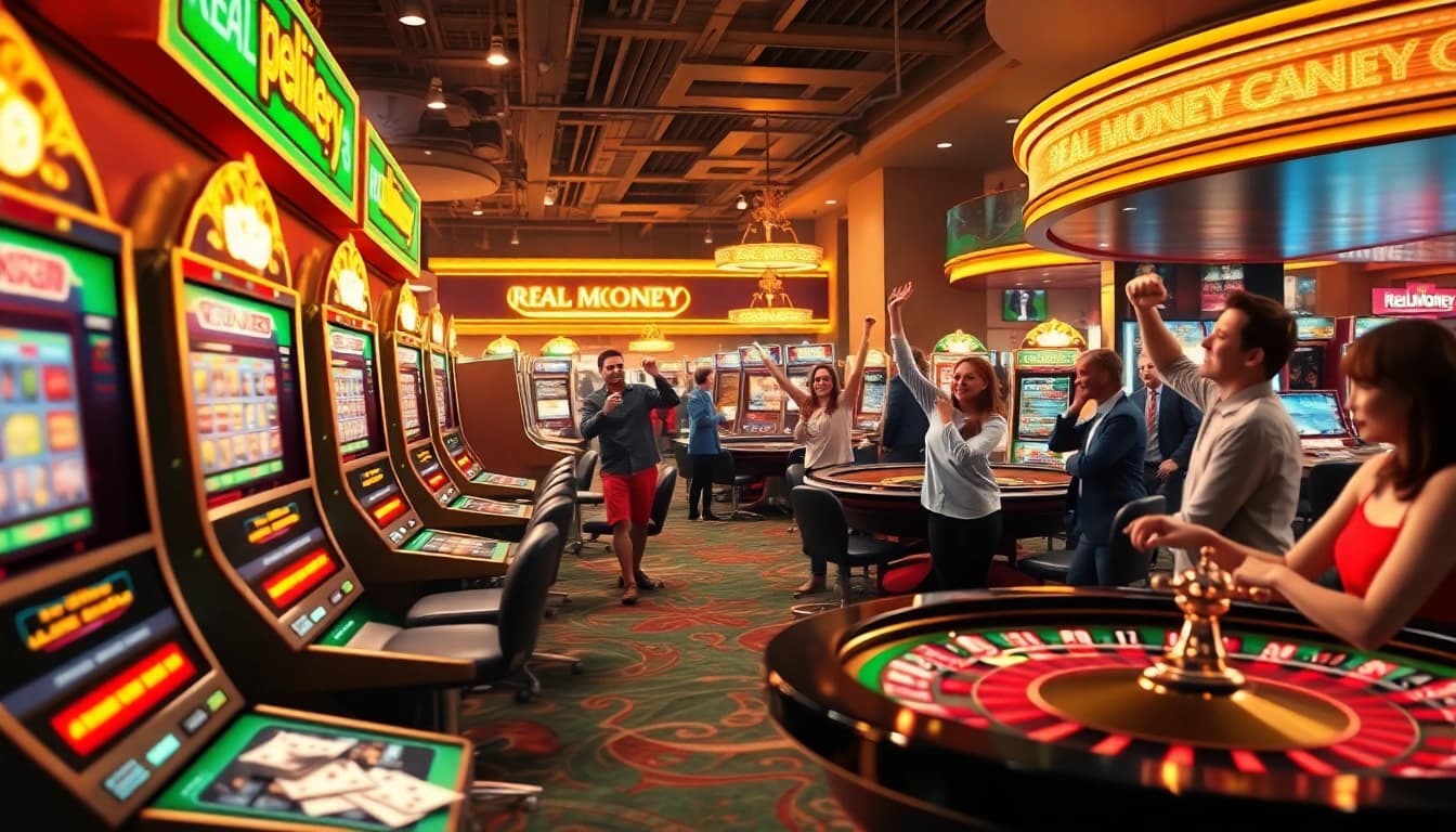 Experience the thrill of a real money online casino with glowing slot machines and excited players celebrating wins.