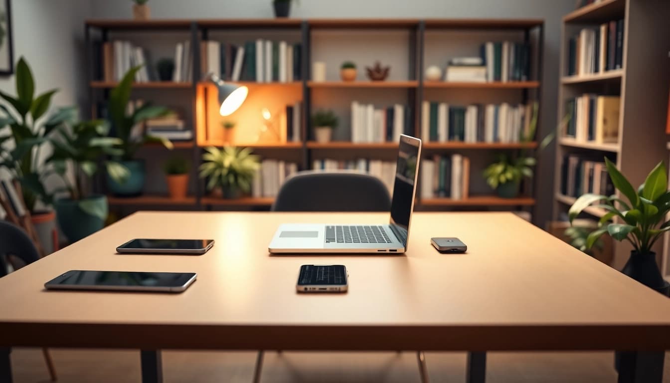 Erfahren Sie hilfreiche Technik Tipps, während Sie ein modernes Setup in einem stilvollen Home-Office betrachten.