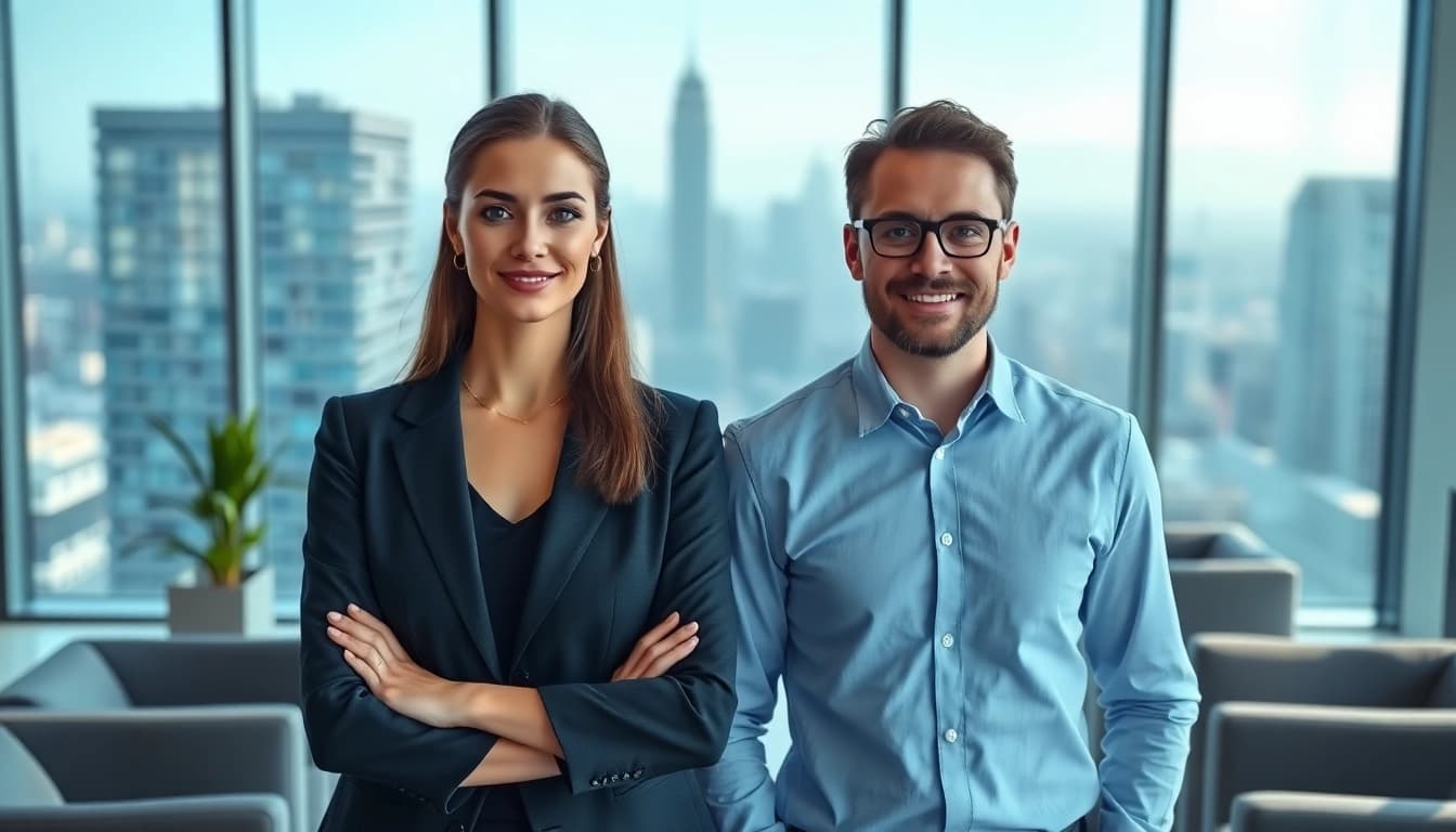 Business Portrait München von einem professionellen Mann und einer Frau in einem modernen Büro.