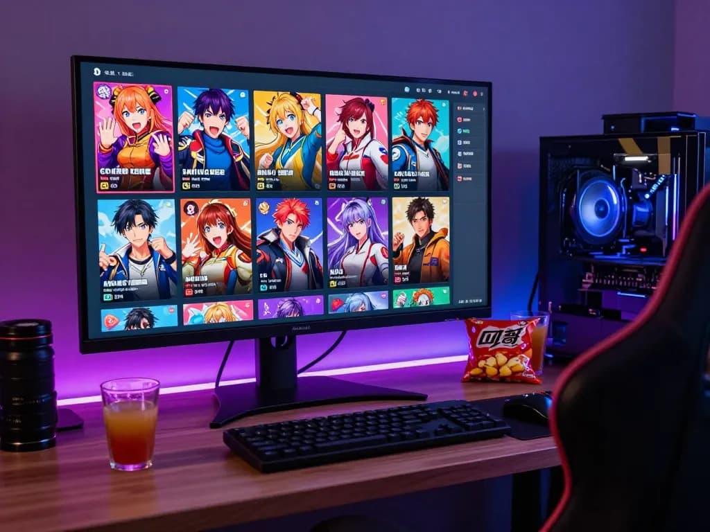 Interactive character selection screen from an adult visual novel game sex experience in a cozy gaming setup.