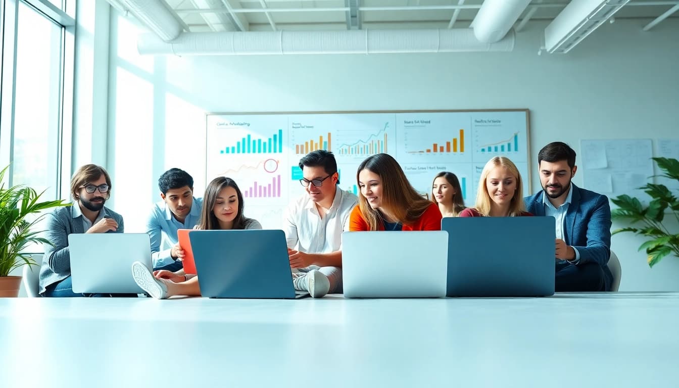 Optimizing Online Marketing strategies with a diverse team in a modern office environment.