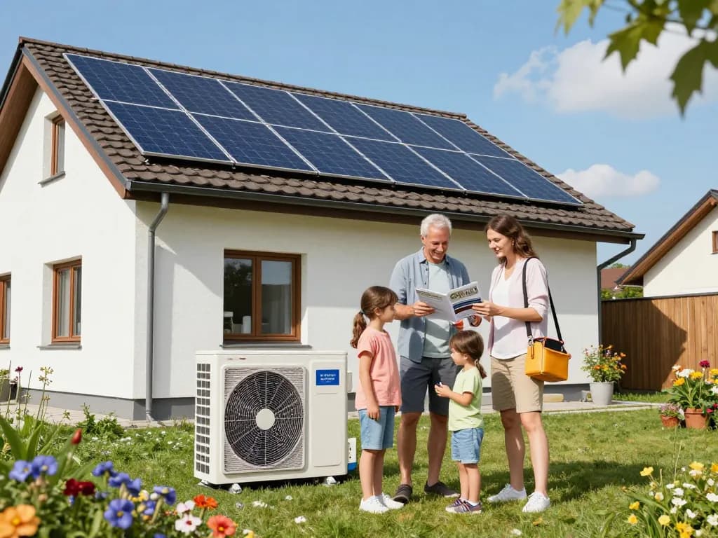 Photovoltaik Bayern - Familie erkundet umweltfreundliche Wärmepumpe und Solarpanels in ihrem bayerischen Garten.