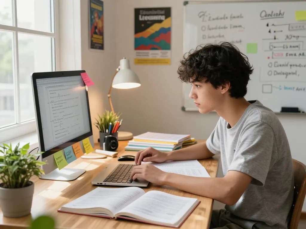 Student nutzt Technologie zum Hausaufgabenlösen in einer hellen Lernumgebung.
