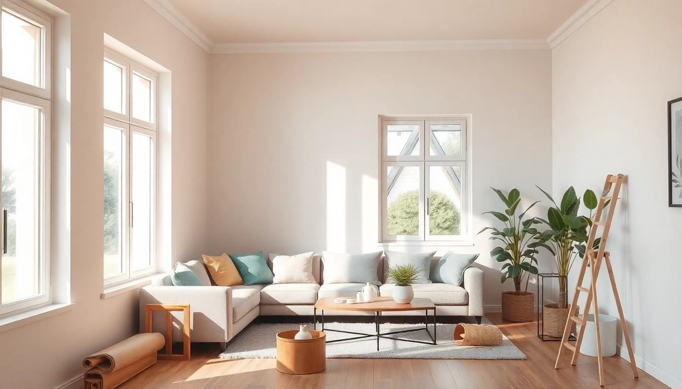 Modernes Wohnzimmer nach einer erfolgreichen Hausrenovierung mit eleganten Möbeln und Tageslichteinfall.