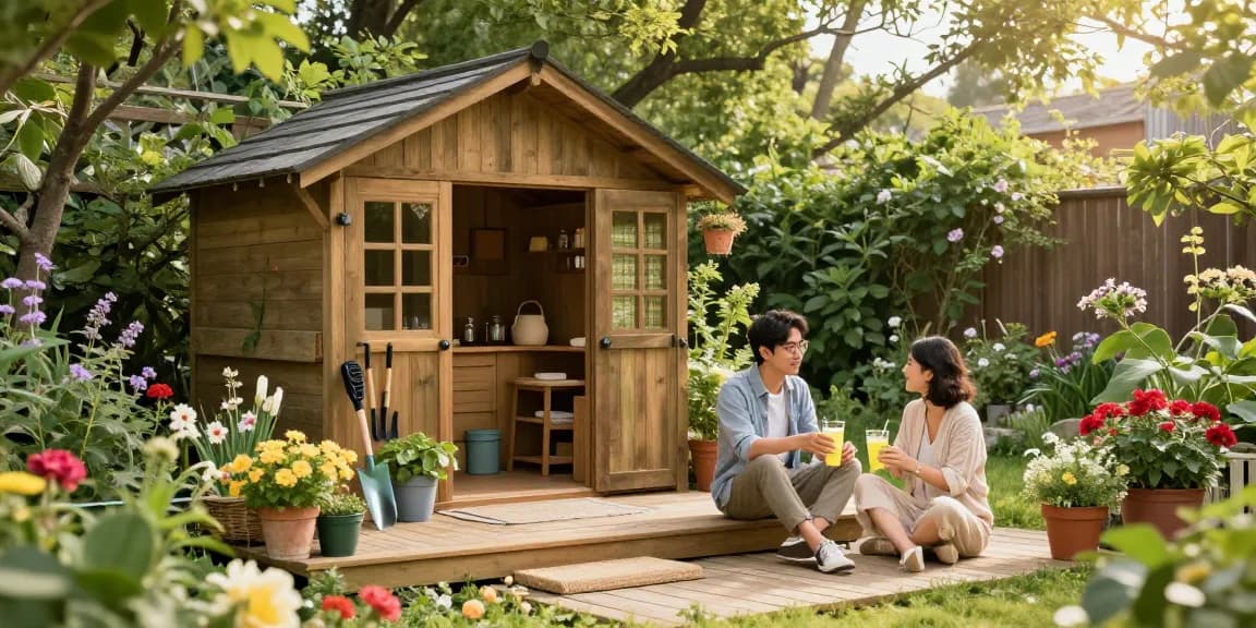 Schönes Gartenhaus Holz umgeben von blühenden Pflanzen und einem Paar, das einen sonnigen Nachmittag genießt.