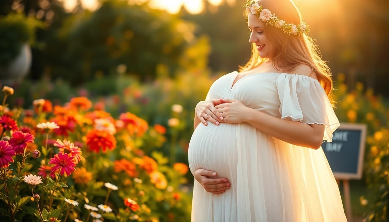 A radiant maternity photoshoot features an expectant mother glowing in a dreamy outdoor garden setting.