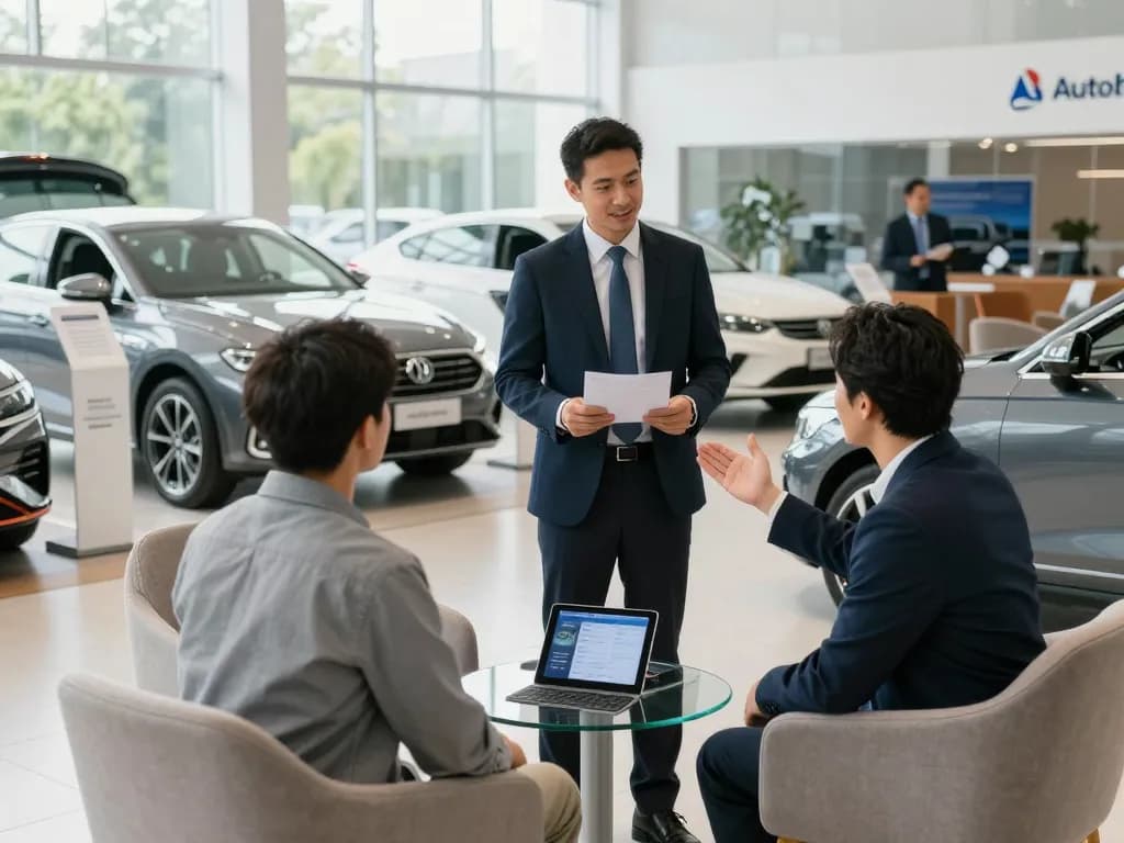 Kunde schließt einen Verkauf mit einem Autohändler in einem modernen Autohaus ab, umgeben von Autos.