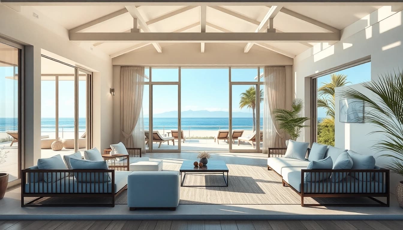 Genießen Sie die Aussicht von der Coastal Cabana mit stilvollen Möbeln und einem Hauch von Eleganz.