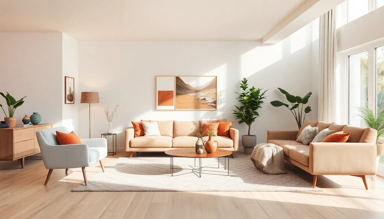 Wunderschöne Raumgestaltung eines stilvollen Wohnzimmers mit moderne Akzenten und sanften Farben.