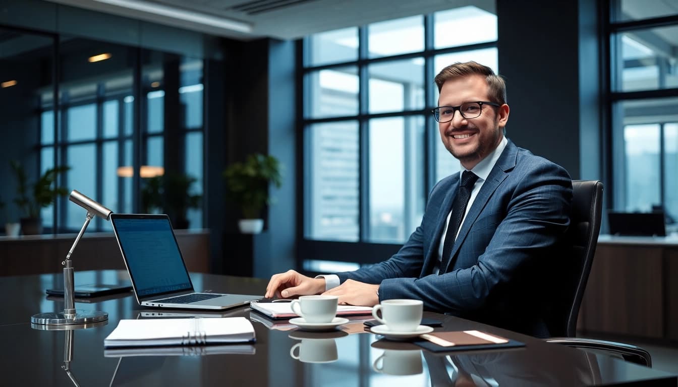 Der Headhunter Karlsruhe sitzt vorbereitet am Schreibtisch und blickt optimistisch auf den Laptop mit Bewerberprofilen.