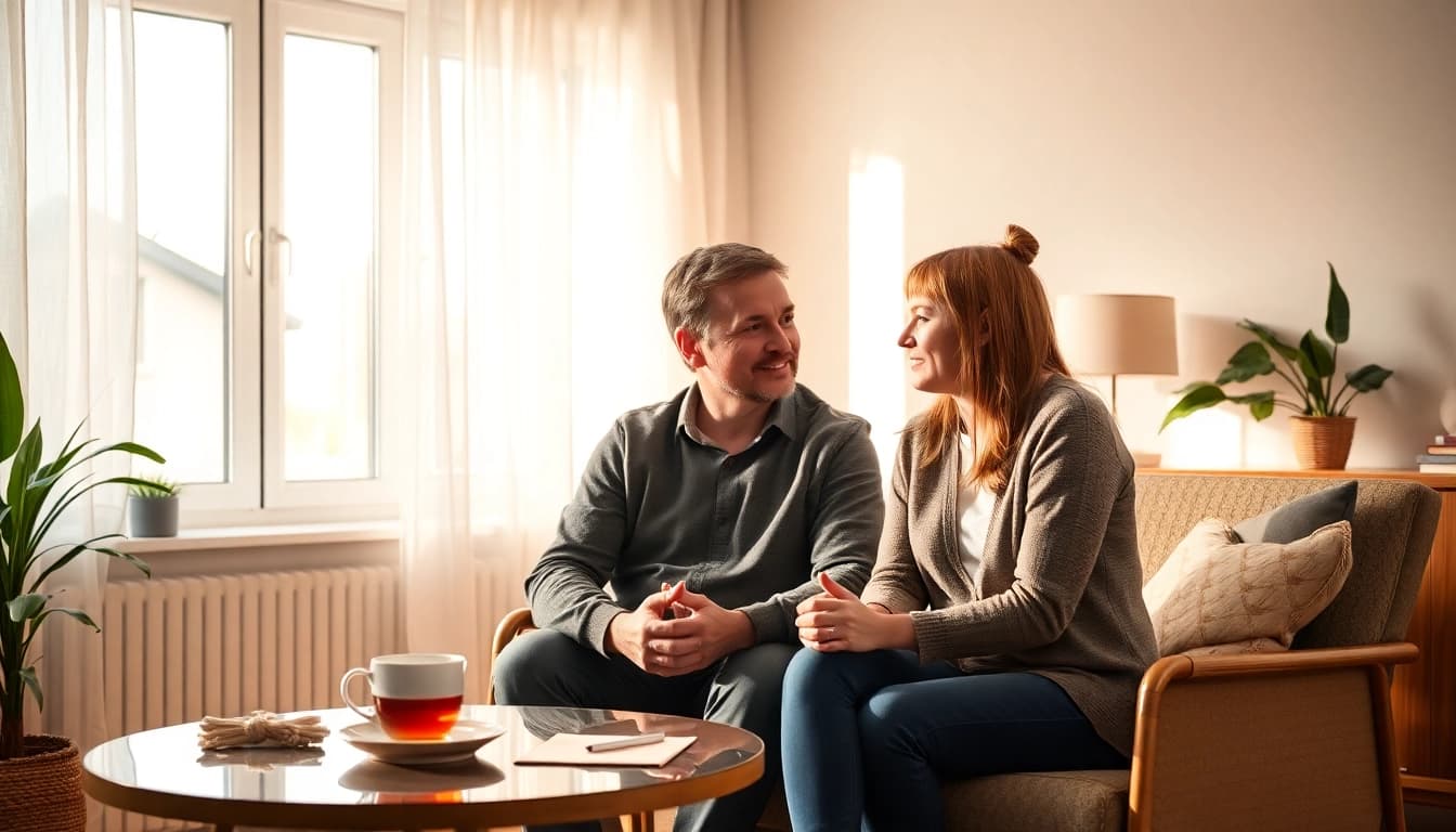 Coaching in Lebenskrisen: Einfühlsames Gespräch zwischen Coach und Klientin in entspannter Atmosphäre.