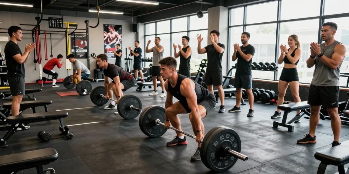 Im Fitnessstudio bei Selliza Shop trainiert eine Gruppe von Bodybuildern engagiert beim Gewichtheben.