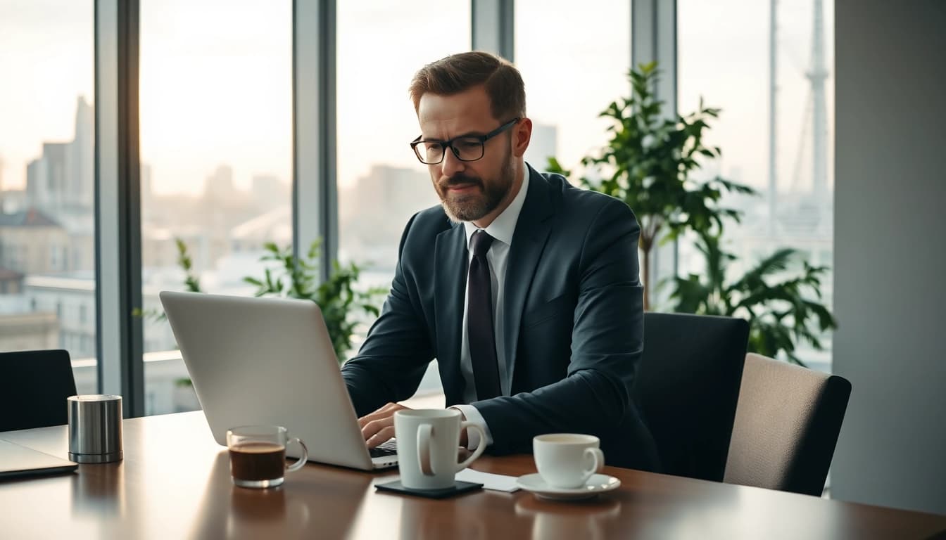 Headhunter Berlin bei der Arbeit in einem modernen Büro mit einem Laptop und einer inspirierenden Aussicht.