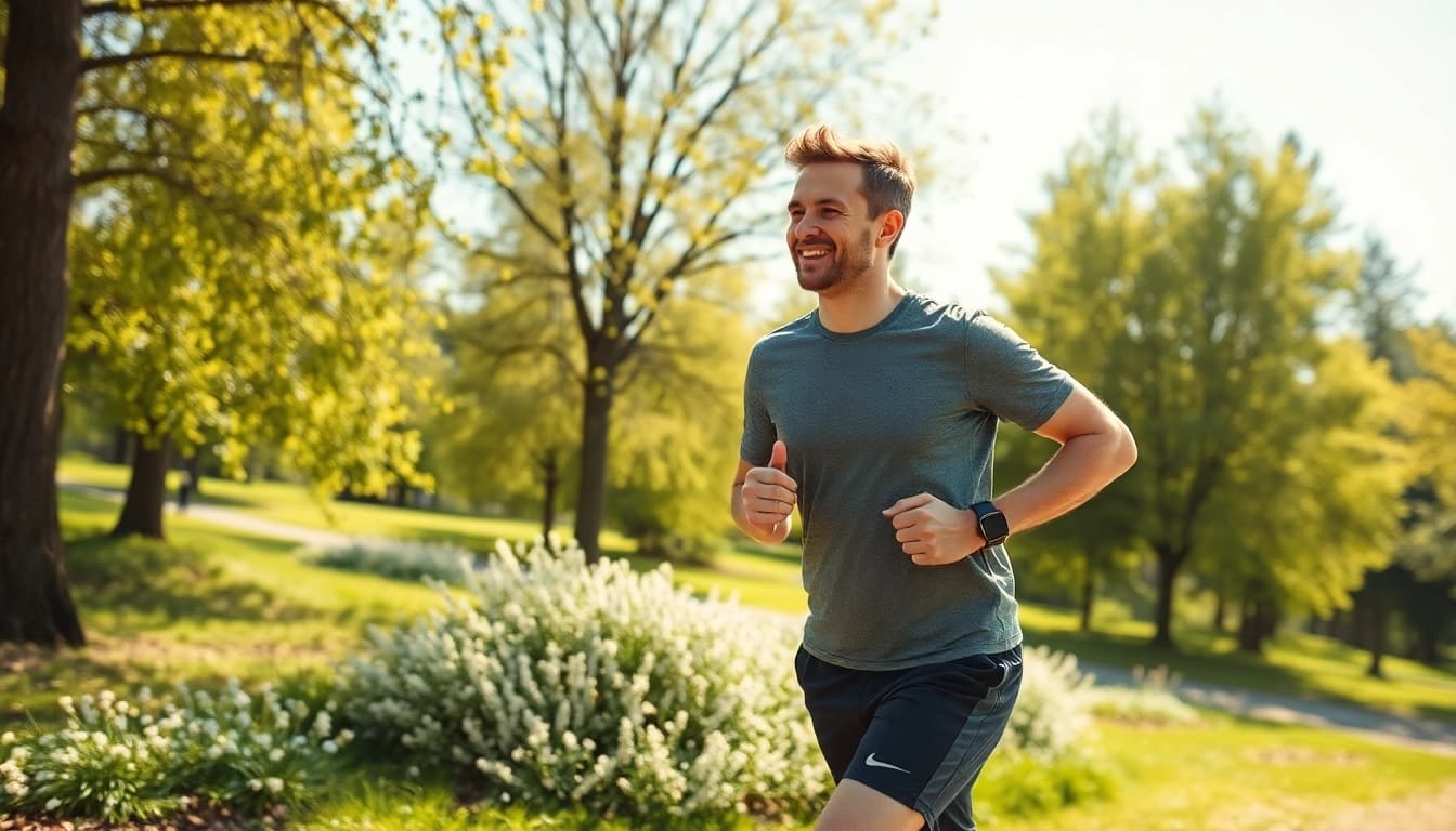 Motivierter Mensch joggt im Park und symbolisiert Gewichtsverlust.