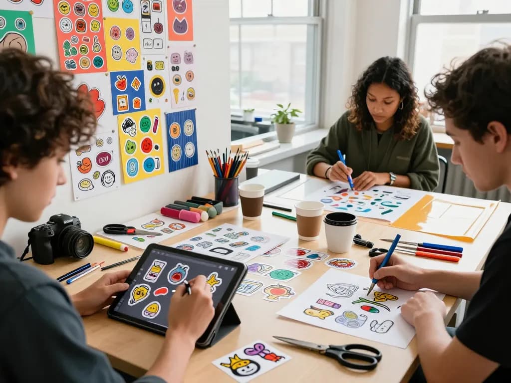 Designers collaborate to sticker erstellen with vibrant sketches and digital tools in a bright studio.