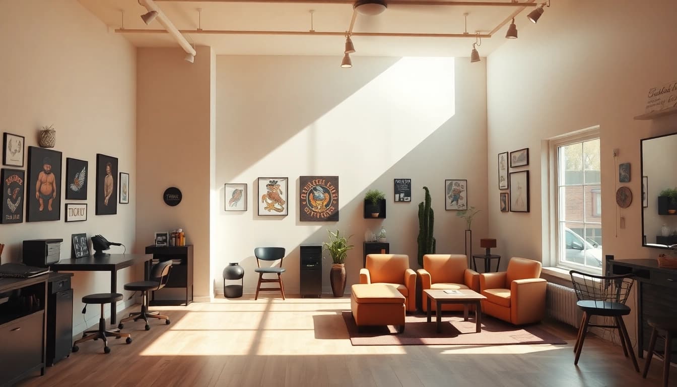 Artistic view inside a Tattoo Studio München showcasing vibrant artwork and a relaxing ambiance.