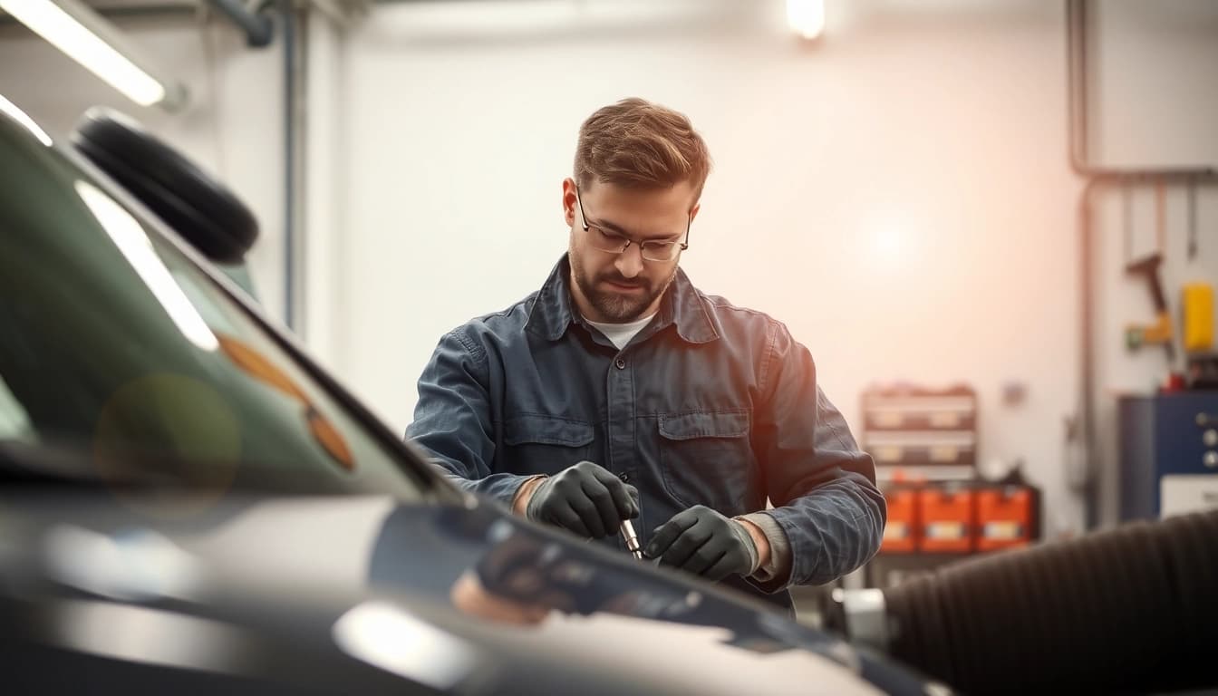 Professioneller Mechaniker bei der Hagelschaden Reparatur München in einer modernen Werkstatt.