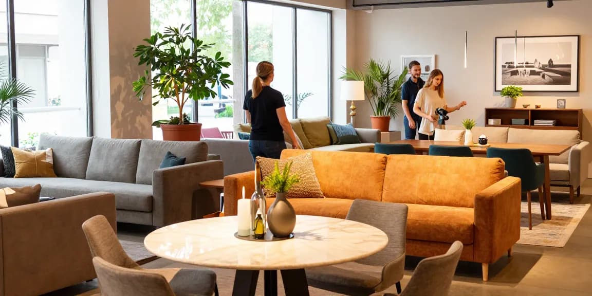 Entdecken Sie Möbel Deutschland Online Kaufen Möglichkeiten in einem gemütlichen Möbelshowroom mit modernen Designs und einladender Atmosphäre.