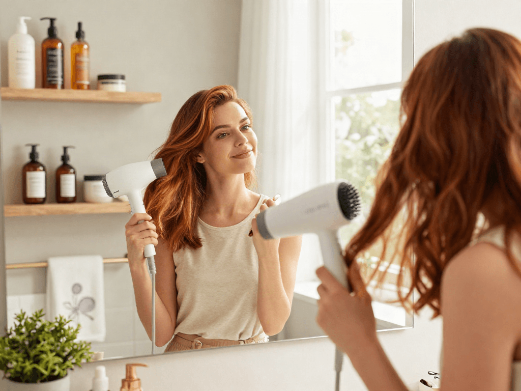 Frau benutzt den Laifen Mini Haartrockner für strahlende, gesunde Haare.