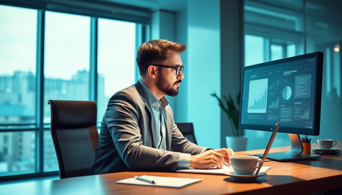 Headhunter IT-Profi arbeitet in modernem Büro, umgeben von Technologien.