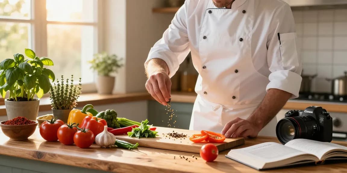 Chef, der Aromen mit Gewürzen über frischen Zutaten in einer gemütlichen Küche verstärkt.