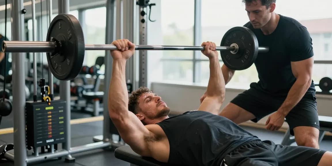 Global Pharma Steroids Fitnessszene mit einem Athleten beim Bankdrücken in einem modernen Fitnessstudio, umgeben von Trainingsgeräten.