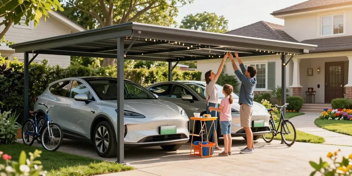 Moderne Carport-Installation im Freien mit Familie und Fahrzeugen.