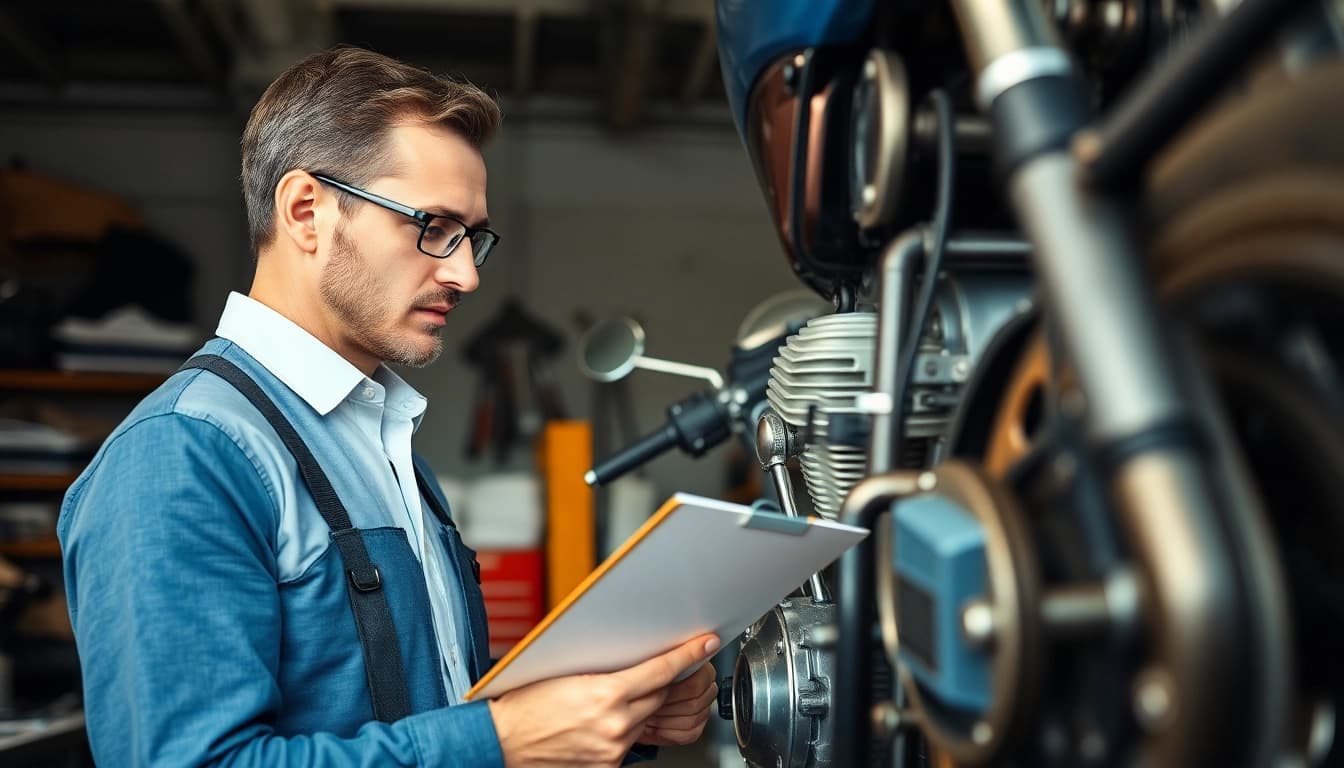 Motorrad Gutachter bewertet ein Motorrad in einer Werkstatt mit professionellen Werkzeugen.