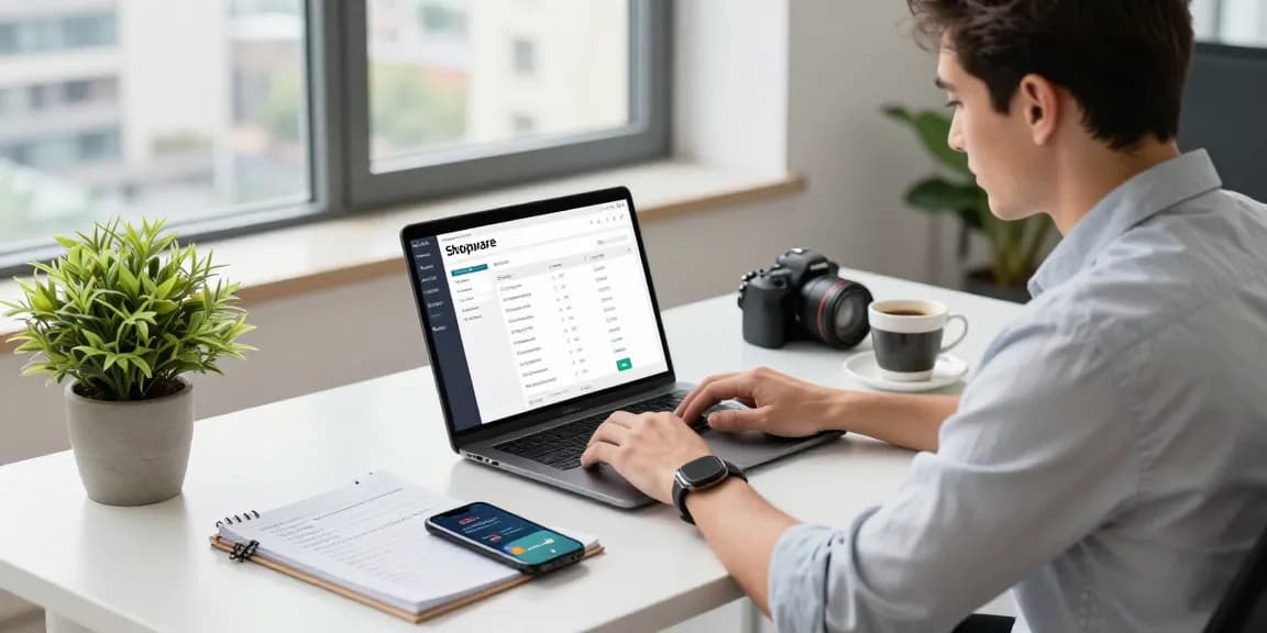 Shopware-Freelancer arbeitet leidenschaftlich an einem modernen Schreibtisch mit einem Laptop, der E-Commerce-Lösungen zeigt.