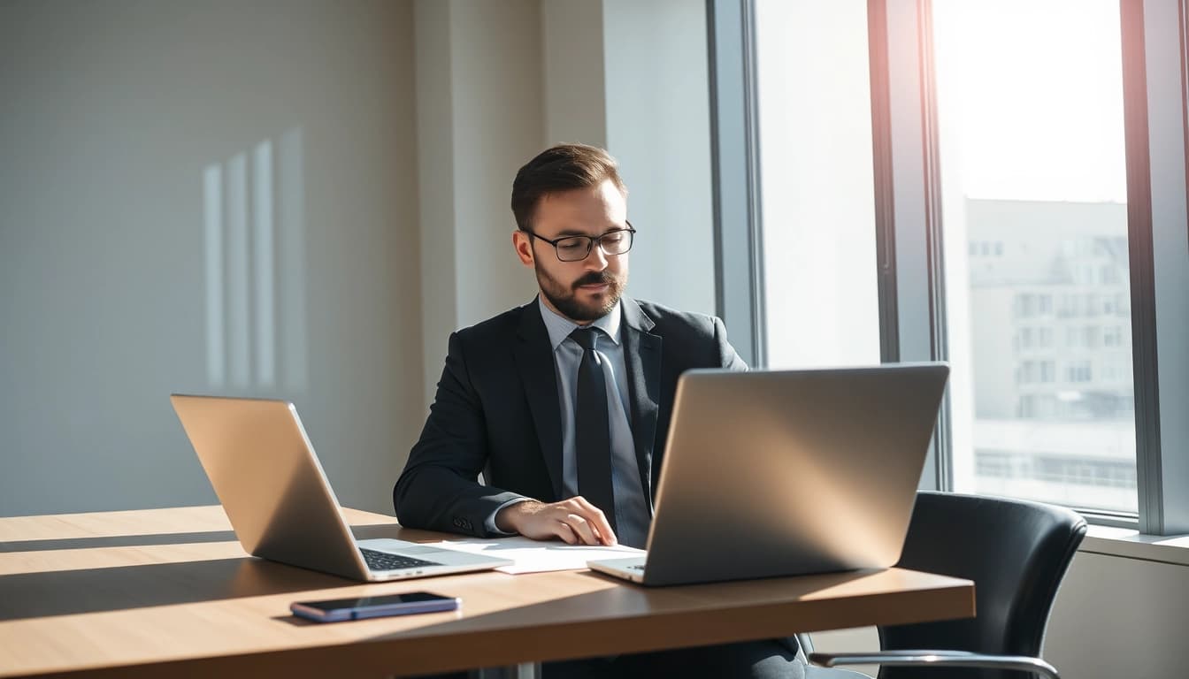 Headhunter arbeitet an einem Schreibtisch in einem modernen Büro, zeigt Professionalität und Engagement.