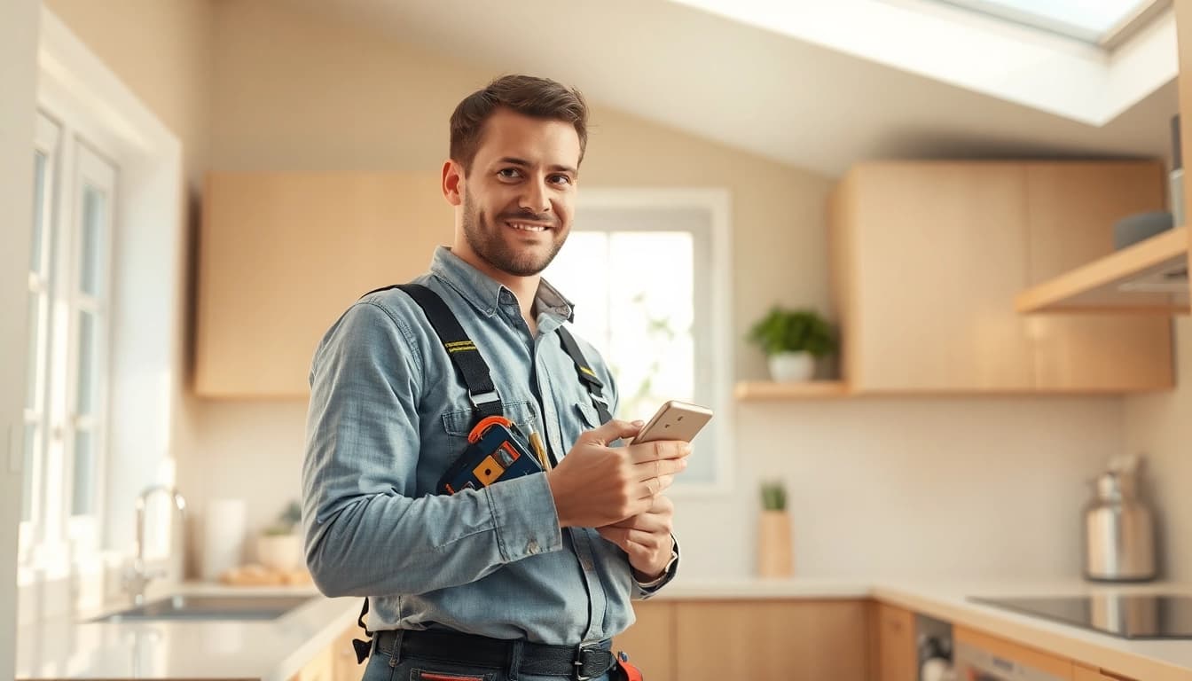 Professioneller Installateur im Sanitärnotdienst repariert Probleme in einer modernen Küche.