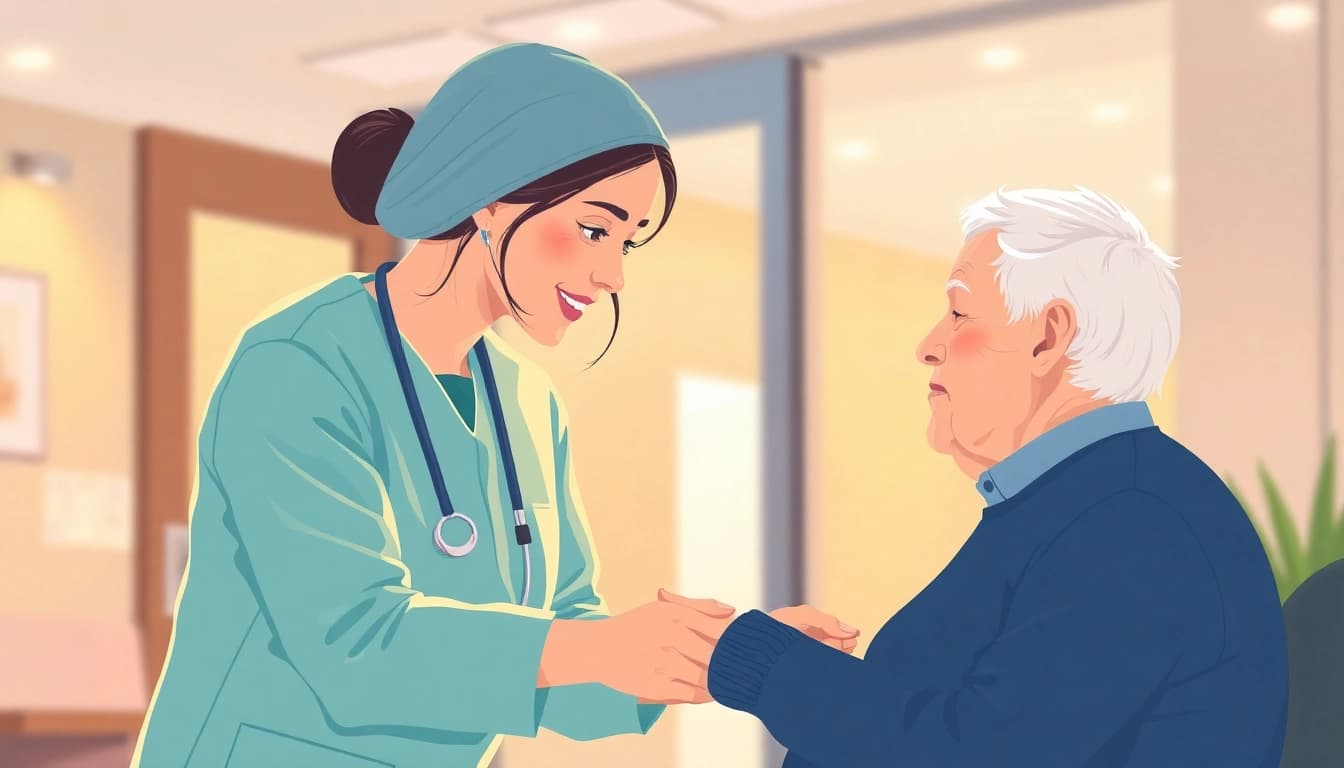Visual representation of pflegedienst gründen, showcasing a caregiver aiding an elderly client, exuding warmth and professionalism.