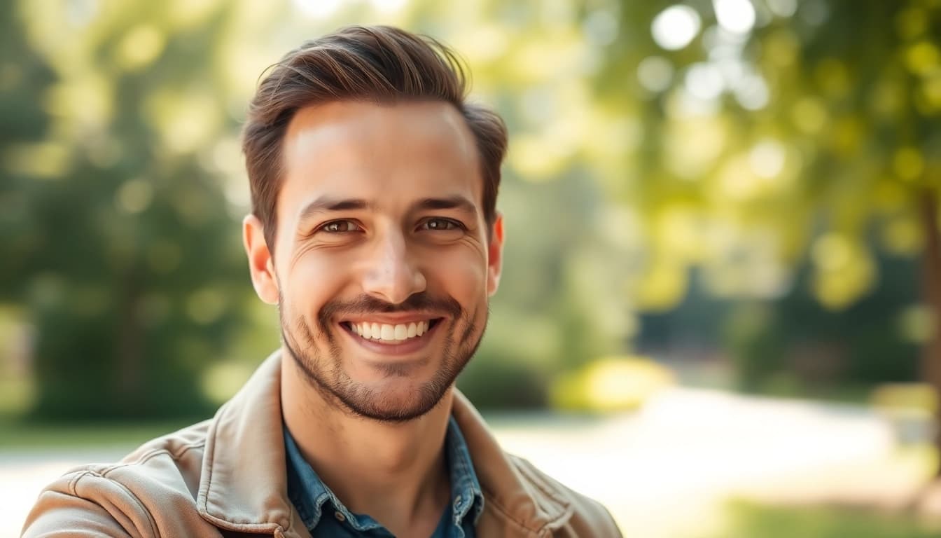 Tinder bilder eines Mannes lächelnd im Freien in natürlichem Licht.