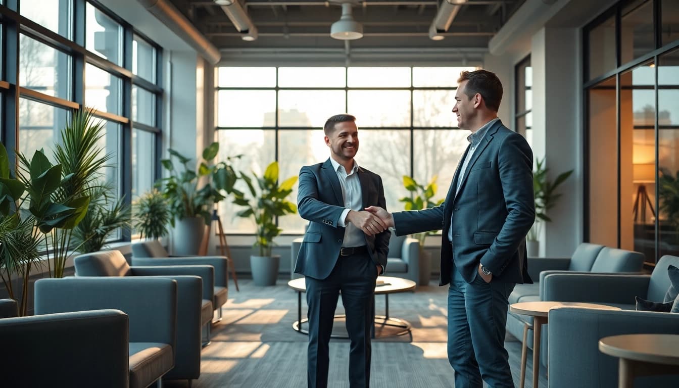 Professioneller Headhunter Hagen schüttelt einem Kandidaten die Hand in einem modernen Büro.