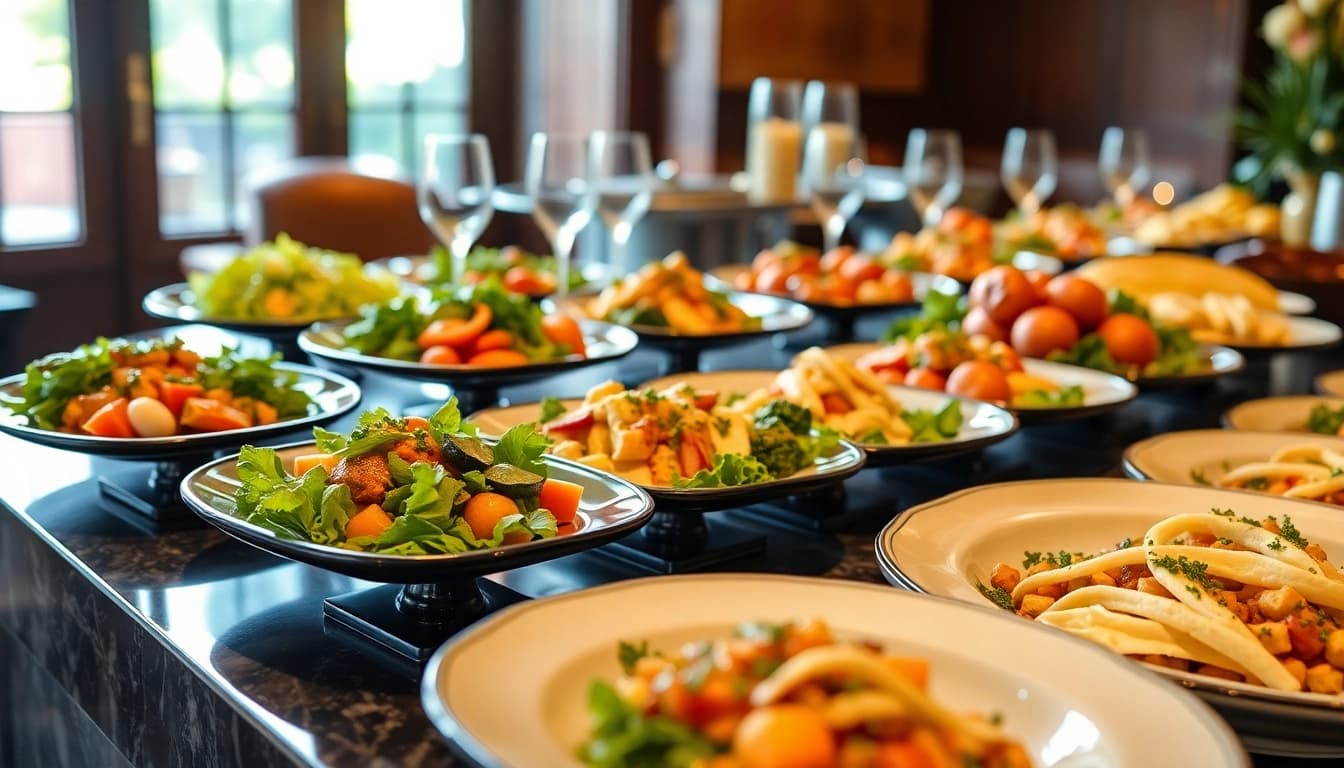 Catering-Buffet mit vielfältigen, frisch zubereiteten Speisen, die elegant angerichtet sind und eine angenehme Atmosphäre schaffen.
