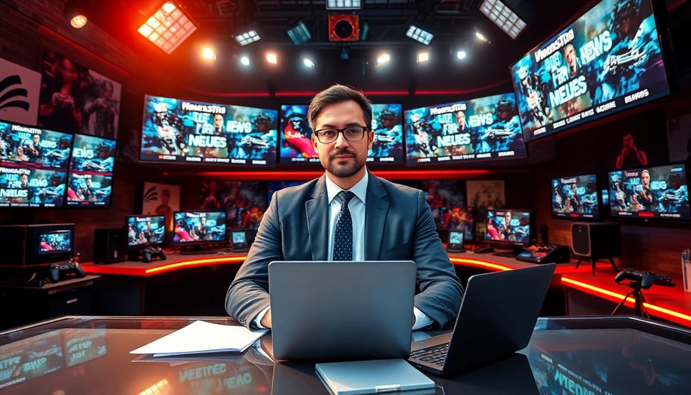 Aktuelle Gaming News Österreich von einem professionellen Journalisten in einem dynamischen Newsroom.