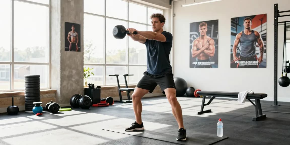 Anabolisches Training im Anabolika Shop Deutschland mit einem männlichen Sportler, der eine Kettlebell in einem modernen Fitnessstudio schwingt.