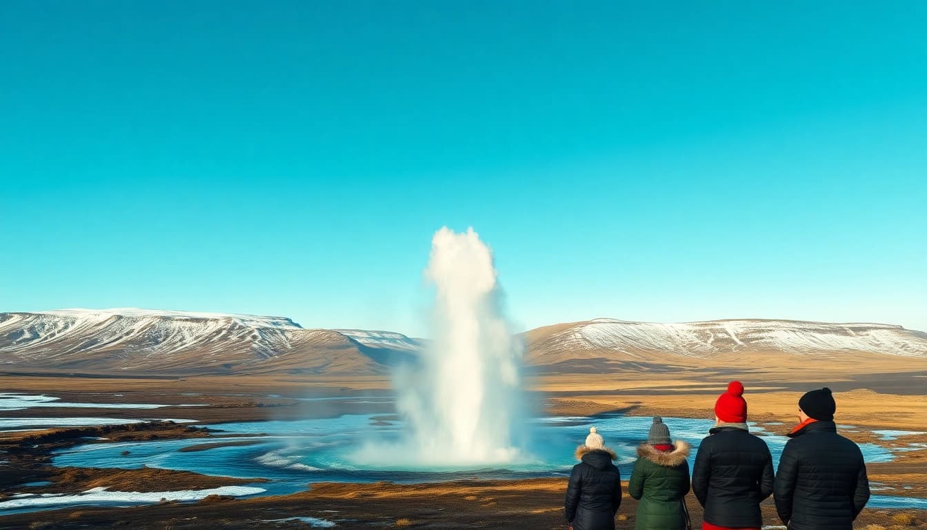 Erleben Sie eine beeindruckende Reise nach Island mit Vulkanen, Wasserfällen und Reisenden, die die Natur bewundern.