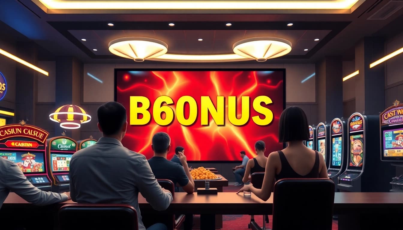 Spieler genießen aufregende Casino Bonus Angebote in einem modernen Online-Casino mit bunten Lichtern und Slots.