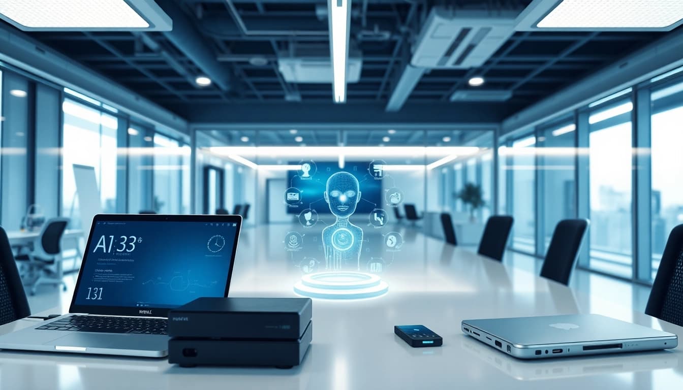 Technologie-Integration in einem modernen Büro mit digitalen Geräten und AI-Interfaces.