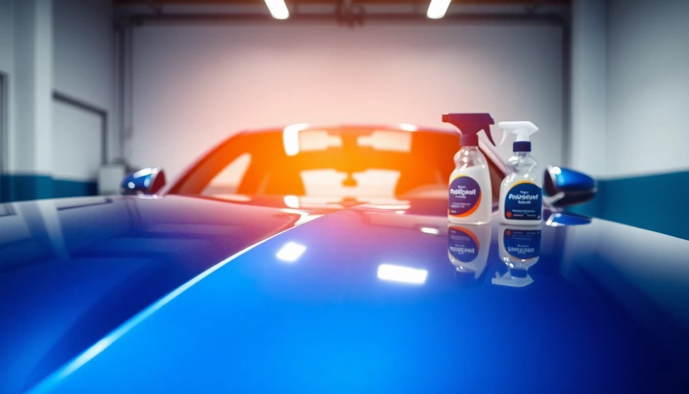 Autopolitur kaufen: Glänzendes Auto nach Anwendung, zeigt reflektierenden Lack und Pflegeutensilien.