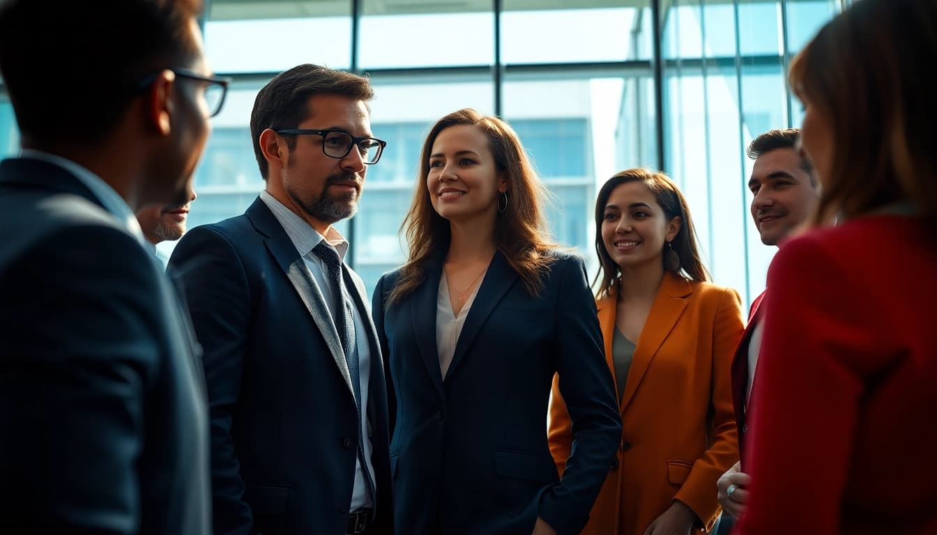 A professional headhunter interviewing diverse candidates in an inviting office.