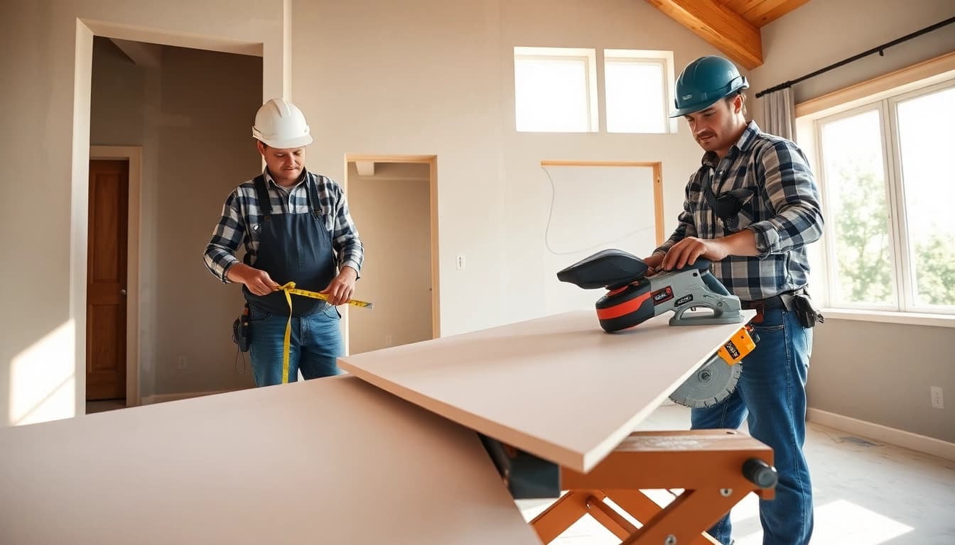 Contractors expertly installing drywall in a professional home setting, showcasing skill and teamwork.