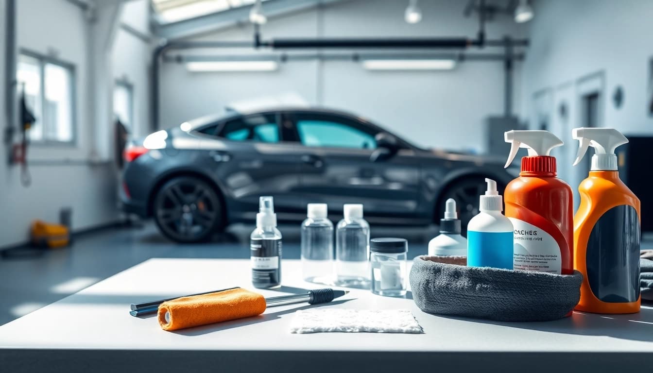 Fahrzeugaufbereitung mit modernen Detailing-Werkzeugen und einem glänzenden Auto im Hintergrund.