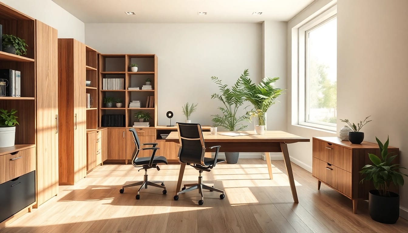 Moderne Büromöbel in einem stilvollen Büro mit natürlicher Lichtquelle.
