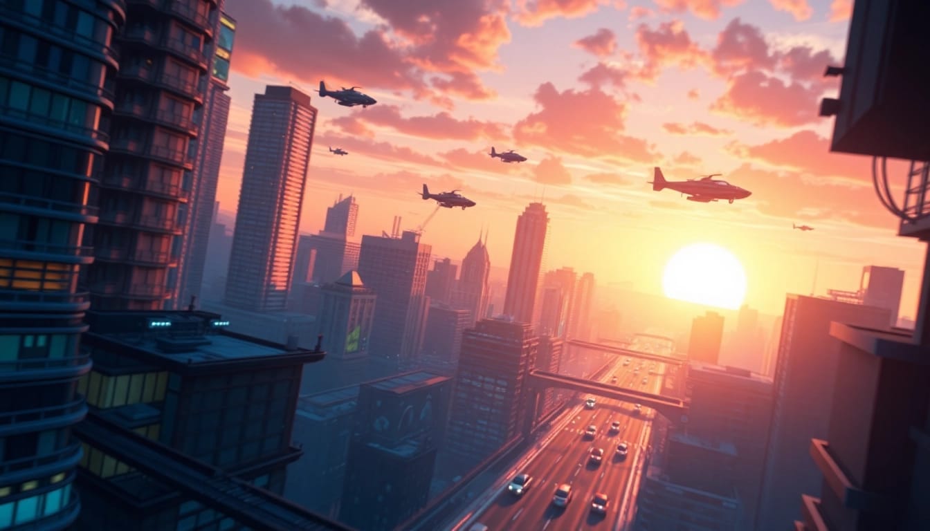Creating dynamic 3D Animation of a futuristic city skyline bathed in sunset light and filled with flying vehicles.