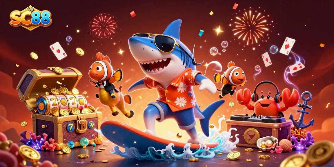 Experience gaming thrills with SC88's vibrant illustration featuring ocean characters and casino elements.