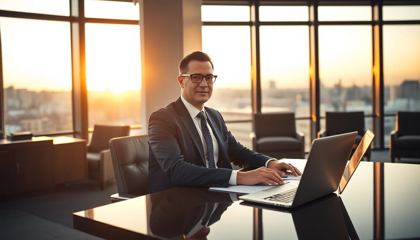 Headhunter Geschäftsführer bei der Arbeit in einem modernen Büro, umgeben von Akten und einem Laptop.