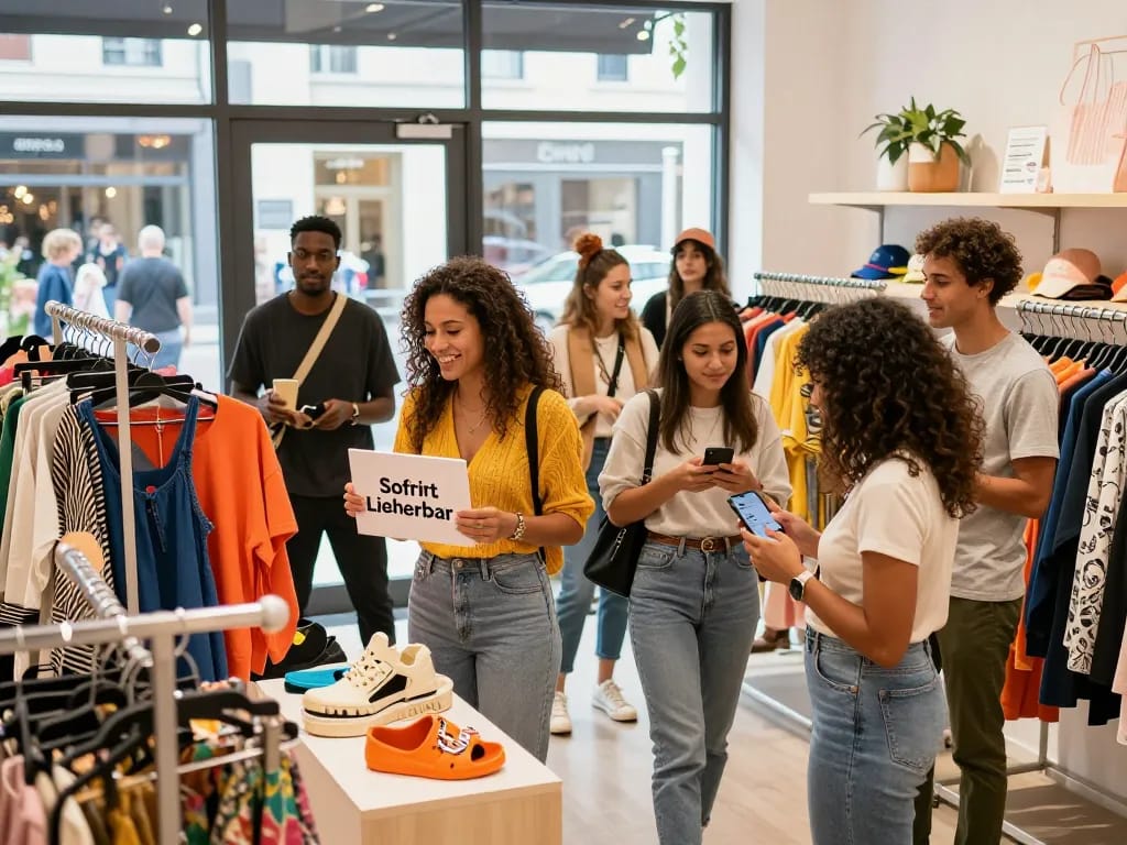 Bunte Einzelhandelsszene, die Käufer zeigt, die mit 'Sofort Lieferbar' Modeartikeln in einer stilvollen Boutique interagieren.