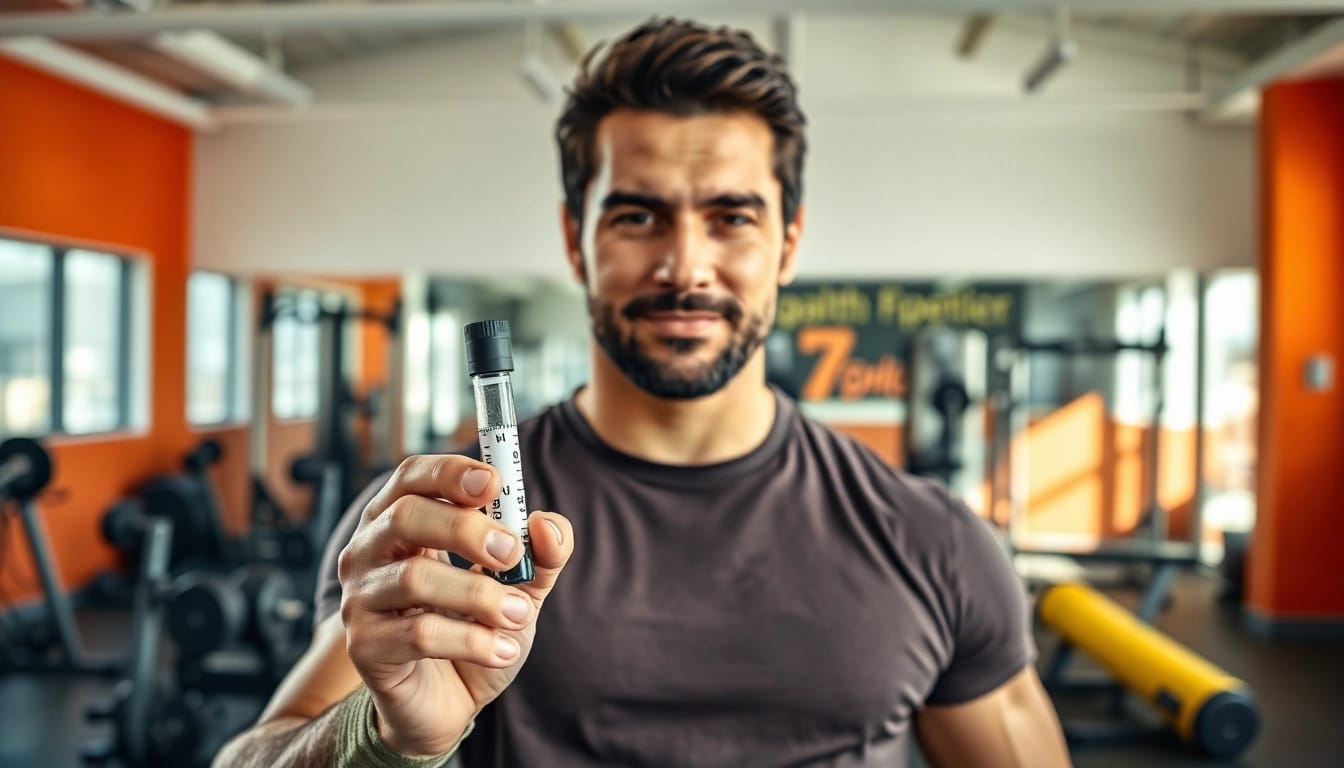 HGH kaufen: Fitnessexperte präsentiert innovative Gesundheitslösungen im modernen Fitnessstudio.